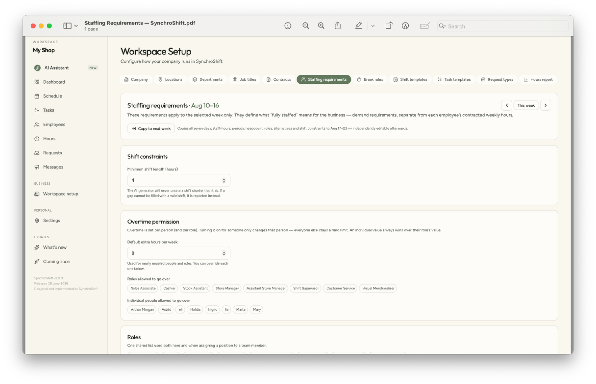 SynchroShift staffing requirements screen showing weekly requirements, minimum shift length, overtime permission and roles